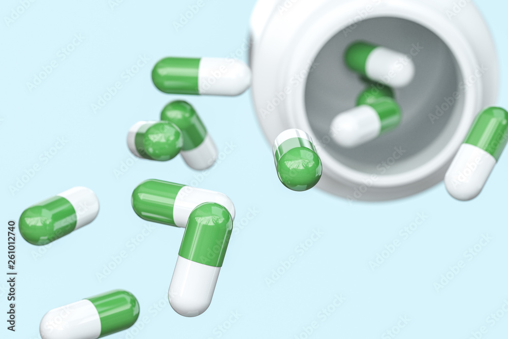 3d rendering, white medicine bottle with capsules