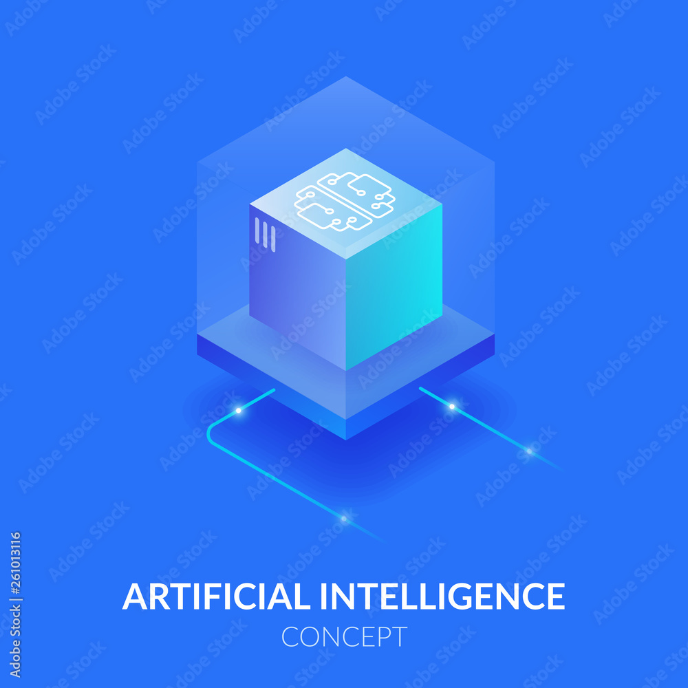 Concept of artificial intelligence. Machine mind in the form of a cube. Processing a large amount of data. The virtual reality. Concept of artificial intelligence. Machine mind in the form of a cube. Processing a large amount of data. The virtual reality.