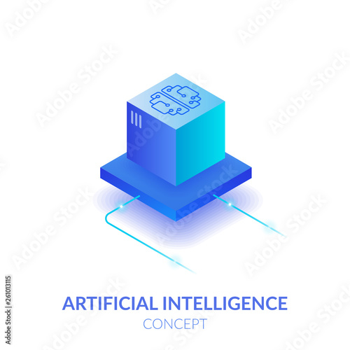 Concept of artificial intelligence. Machine mind in the form of a cube. Processing a large amount of data. The virtual reality.