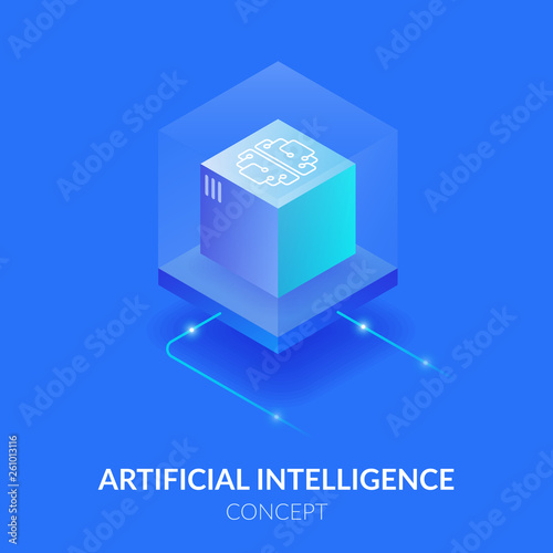 Concept of artificial intelligence. Machine mind in the form of a cube. Processing a large amount of data. The virtual reality.