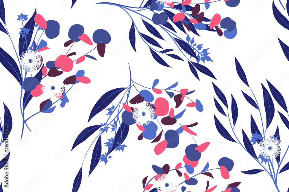 Seamless Summer Pattern in Watercolor Style. Vector Eucalyptus Leaves. Beautiful Branches and Floral Elements. Tropical Plants. Botanical Background. Summer Pattern for Wedding Design, Print, Textile.