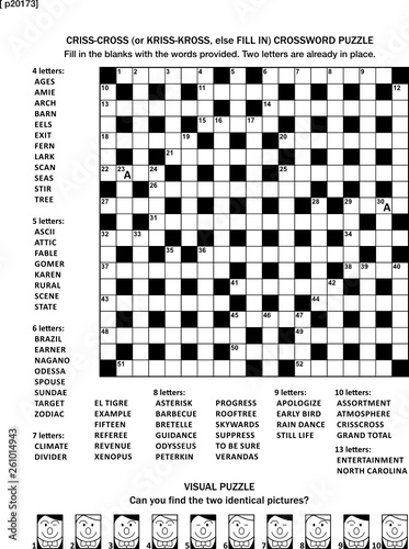 Puzzle page with two games: 19x19 fill-in (or criss-cross, else kriss-kross) crossword puzzle (English language) and visual puzzle with whimsical faces. Black and white, A4 or letter sized. Answers ar