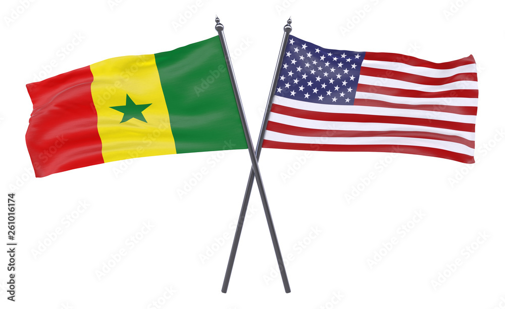 Senegal and USA, two crossed flags isolated on white background. 3d image Senegal and USA, two crossed flags isolated on white background. 3d image