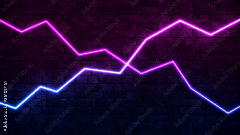 Naklejka premium Modern neon financial chart, great design for any purposes. Science, futuristic, energy technology concept. Light effect. Glow effect. Brick wall background. 3d render