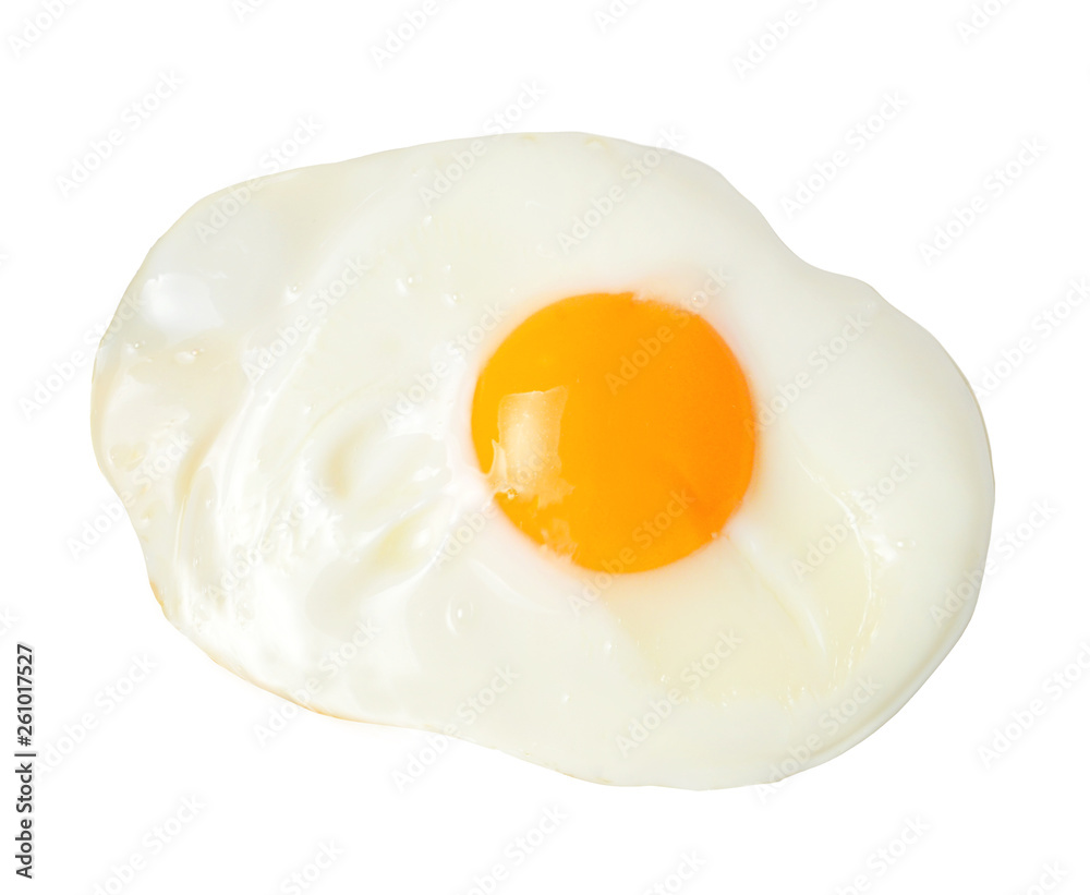 Fried appetizing egg on white isolated background. Close-up. View from above.