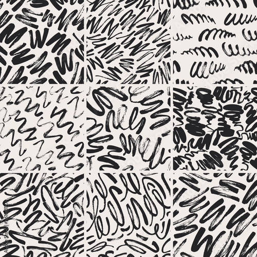 Collection of squiggly, curly lines seamless patterns. Vector hand drawn ink texture.
