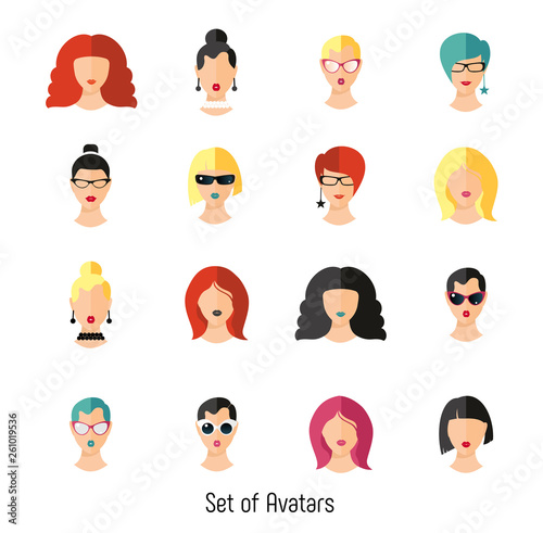 Set woman face hairstylein color. Girls vector illustration. Trend flat style. photo