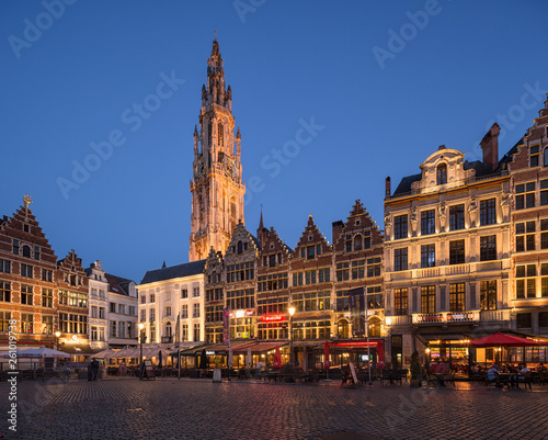Market square and Cathedral of Our Lady in Antwerpen, Belgium.