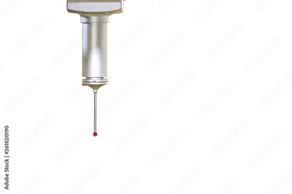 Close up head probe of automatic coordinate measurement machine (CMM) for inspection high precision and high accuracy part isolated on white background with clipping path Close up head probe of automatic coordinate measurement machine (CMM) for inspection high precision and high accuracy part isolated on white background with clipping path