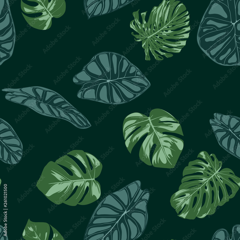 Fototapeta Vector Tropic Seamless Pattern. Philodendron and Alocasia Leaves. Hand Drawn Jungle Foliage in Watercolor Style. Exotic Background. Seamless Tropic Leaf for Textile, Cloth, Fabric, Decoration, Paper.