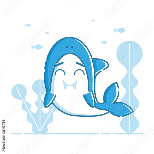Cute blue smiling shark. Fish and seaweeds in the white background. Linear style illustration. Vector.