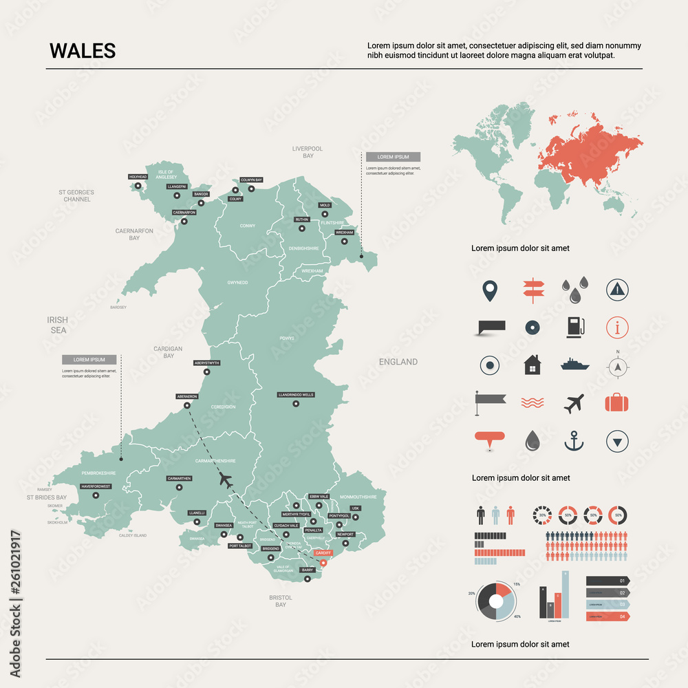 Vector map of Wales.  High detailed country map with division, cities and capital Cardiff. Political map,  world map, infographic elements.