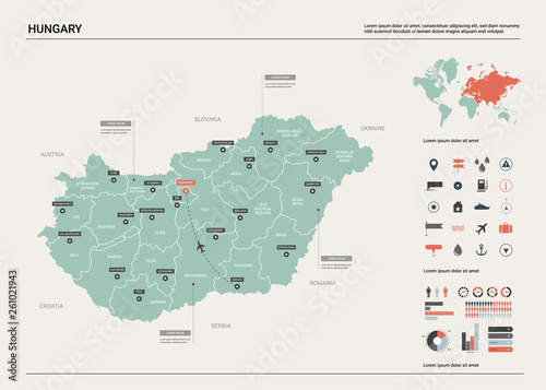 Vector map of Hungary. High detailed country map with division, cities and capital Budapest. Political map, world map, infographic elements.