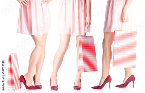 Set woman legs in red high heel shoes and dress bag package in hand fashion on a white background. Isolation