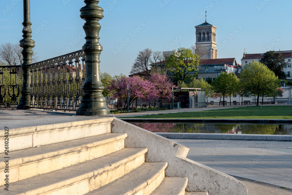 Champ de Mars esplanade view with the Cathedral Saint-Apollinaire in the background in Valence. France 2019.