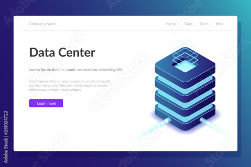 Data Center web template. Equipment in the server room. Large computing power. Modern technologies. Super computer. Isometric editable vector illustration.