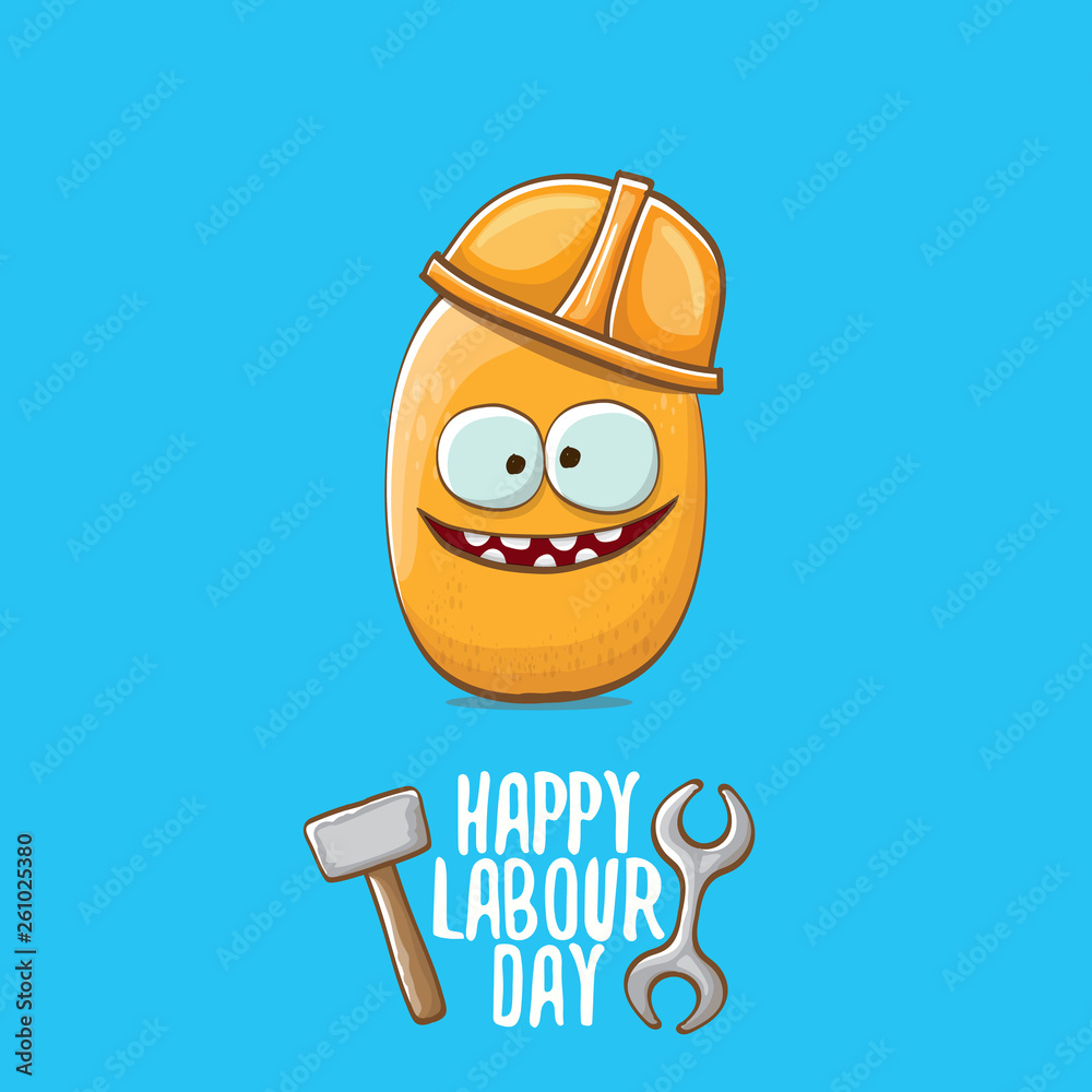 International workers day or labour day greeting card . vector funny  cartoon tiny brown smiling worker potato with orange engineer helmet  isolated on blue background. May day poster Stock Vector | Adobe Stock