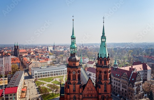 Aerial drone view on Legnica and Peter and Paul catholic cathedral