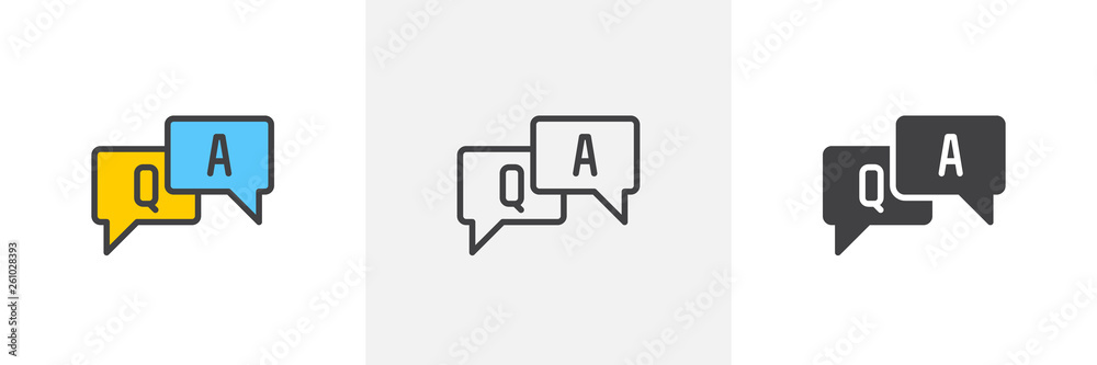 FAQ, questions and answers icon. Line, glyph and filled outline colorful version, Q and A speech outline and filled vector sign. Symbol, logo illustration. Different style icons set. Vector graphics FAQ, questions and answers icon. Line, glyph and filled outline colorful version, Q and A speech outline and filled vector sign. Symbol, logo illustration. Different style icons set. Vector graphics