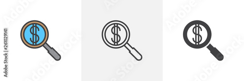 Financing search icon. Line, glyph and filled outline colorful version, Money Search outline and filled vector sign. Symbol, logo illustration. Different style icons set. Vector graphics