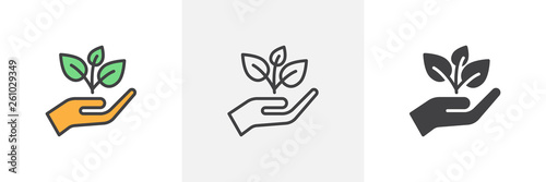Plant, sprout in a hand icon. Line, glyph and filled outline colorful version, Hand holding plant outline and filled vector sign. Symbol, logo illustration. Different style icons set. Vector graphics