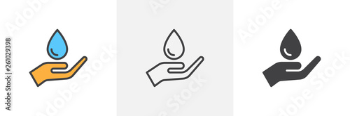 Hand holding water drop icon. Line, glyph and filled outline colorful version, Save water resource outline and filled vector sign. Symbol, logo illustration. Different style icons set. Vector graphics