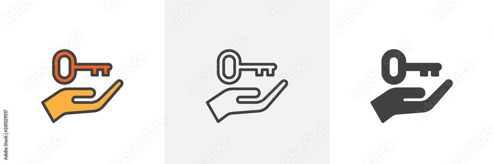 Hand holding up key icon. Line, glyph and filled outline colorful version, Rent house outline and filled vector sign. Symbol, logo illustration. Different style icons set. Vector graphics