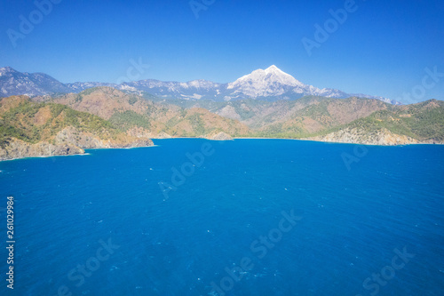 Aerial shot flight above the mountain forest in Black Sea region of Turkey. Nebiyan mountain.