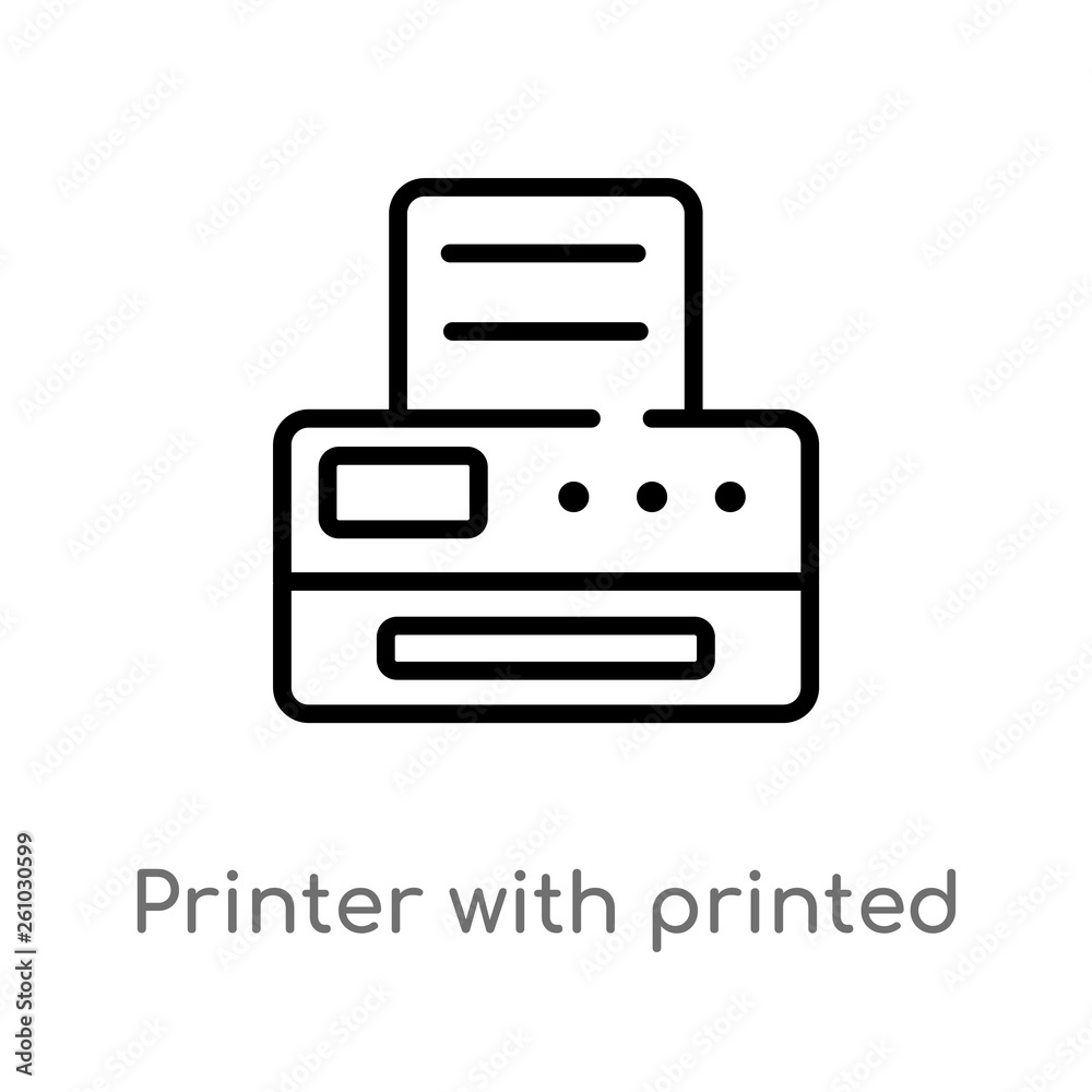 outline printer with printed paper vector icon. isolated black simple line element illustration from tools and utensils concept. editable vector stroke printer with printed paper icon on white outline printer with printed paper vector icon. isolated black simple line element illustration from tools and utensils concept. editable vector stroke printer with printed paper icon on white