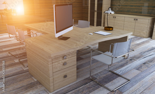 modern office with wooden walls and a large window. business background. 3D rendering. Sunset.