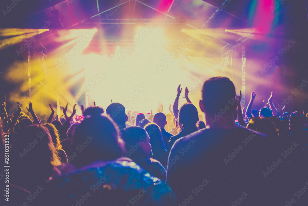 cheering crowd with raised hands at concert - music festival