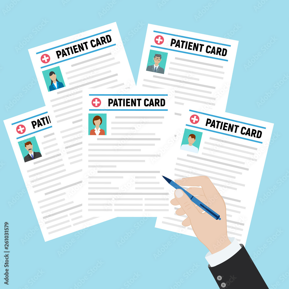Folder with patient card and doctors hand with magnifying glass. medical report. analysis or prescription concept. vector illustration in flat style.