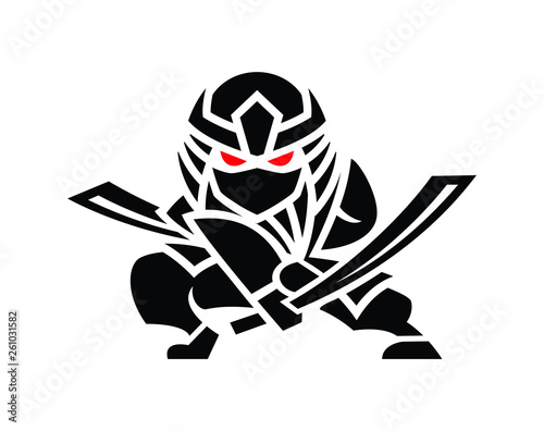 ninja warriors wear assassin helmet and hold two swords in combat positions. logo illustration
