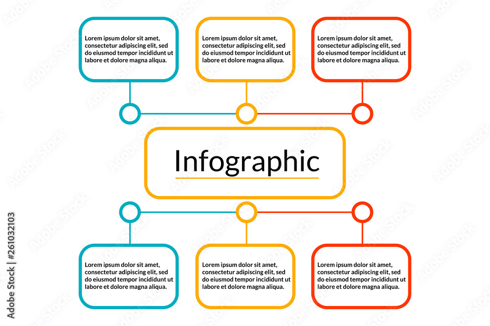 Bright Infographic data visualization template with 6 options (steps) and place for text. Design for process chart, report, banner, workflow, business presentation. Editable Vector EPS 10 illustration Bright Infographic data visualization template with 6 options (steps) and place for text. Design for process chart, report, banner, workflow, business presentation. Editable Vector EPS 10 illustration