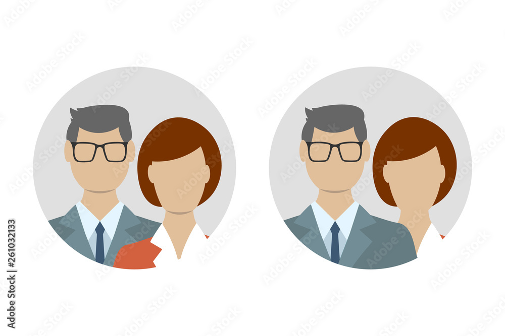 Male and female flat icon set. Business man with woman user avatar. Vector illustration. Male and female flat icon set. Business man with woman user avatar. Vector illustration.