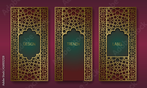 Golden packaging design in oriental style. Set of labels templates with vintage patterned frames.