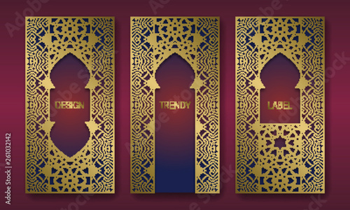 Golden packaging design in oriental style. Set of labels templates with vintage patterned frames.