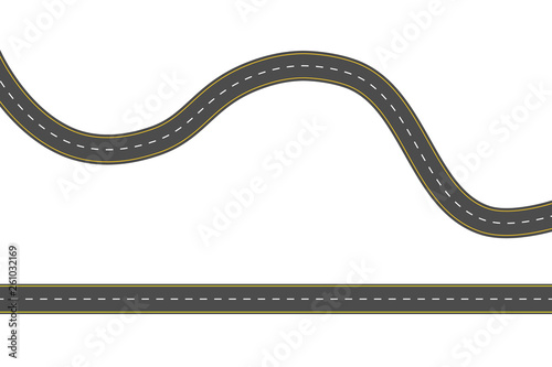 Straight and winding road road. Seamless asphalt roads template. Highway or roadway background.