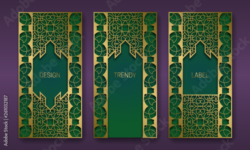 Golden luxurious packaging design series. Set of labels templates with vintage patterned frames.