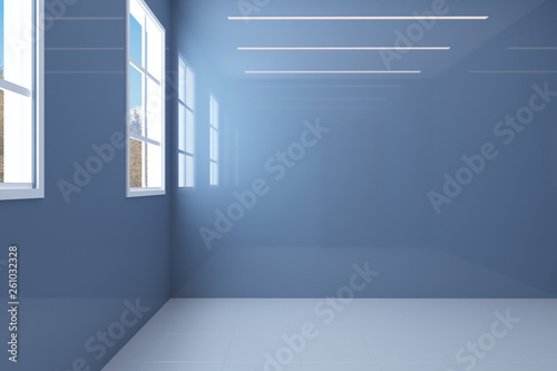 Empty interior of blue bathroom with glossy walls. Brown door.. 3D rendering