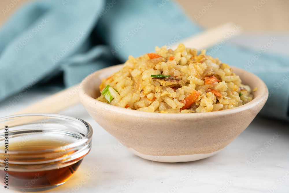 Fried Rice with vegetables and sauce on a plate \ in a bowl Fried Rice with vegetables and sauce on a plate \ in a bowl