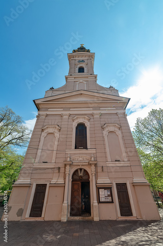 Novi Sad, Serbia - April 06, 2019: Orthodox Cathedral Church of the Holy Great-Martyr George (Serbian: Saborni hram Svetog velikomučenika Georgija). Church was completed in 1905, on the ruins of 1734. photo