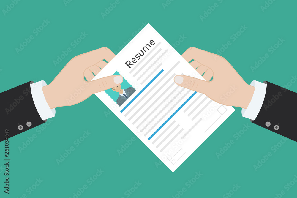 Cv concept resume with photo, documents. Employment recruitment. Searching professional staff. CV application. Selecting staff. illustration in flat design Raster version Cv concept resume with photo, documents. Employment recruitment. Searching professional staff. CV application. Selecting staff. illustration in flat design Raster version