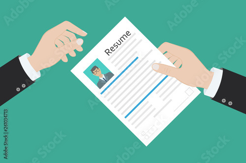 Cv concept resume with photo, documents. Employment recruitment. Searching professional staff. CV application. Selecting staff. illustration in flat design Raster version