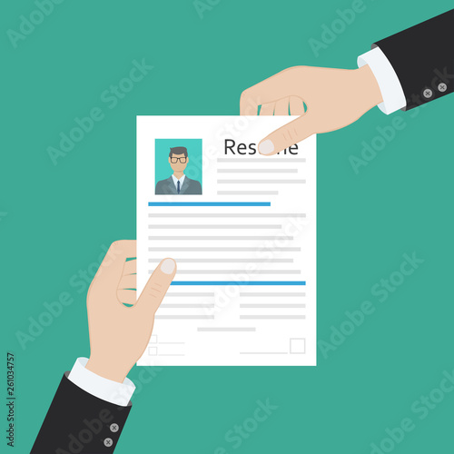 Cv concept resume with photo, documents. Employment recruitment. Searching professional staff. CV application. Selecting staff. illustration in flat design Raster version