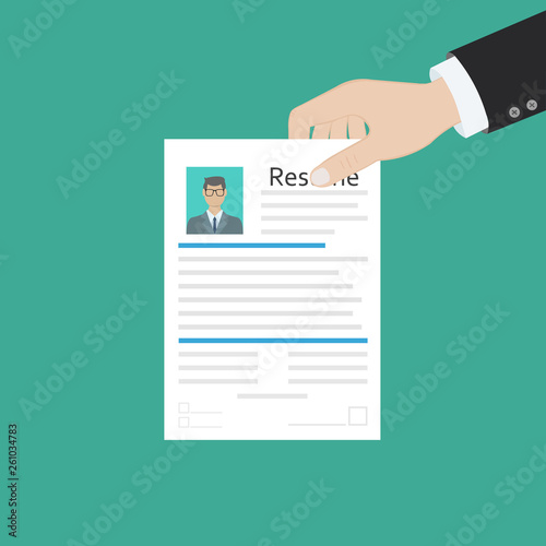 Cv concept resume with photo, documents. Employment recruitment. Searching professional staff. CV application. Selecting staff. illustration in flat design Raster version