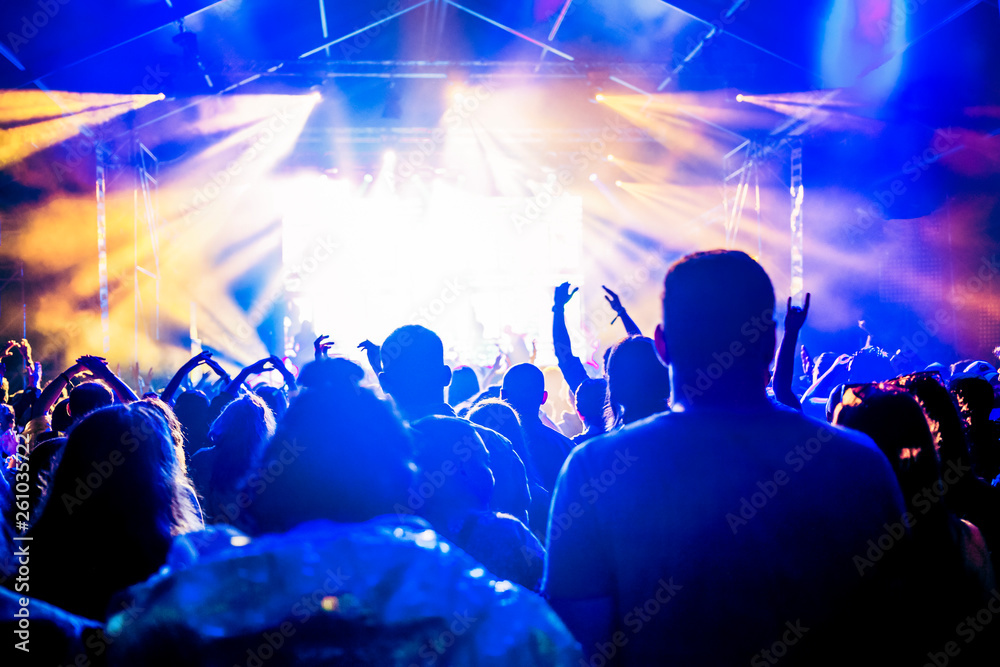 cheering crowd with raised hands at concert - music festival