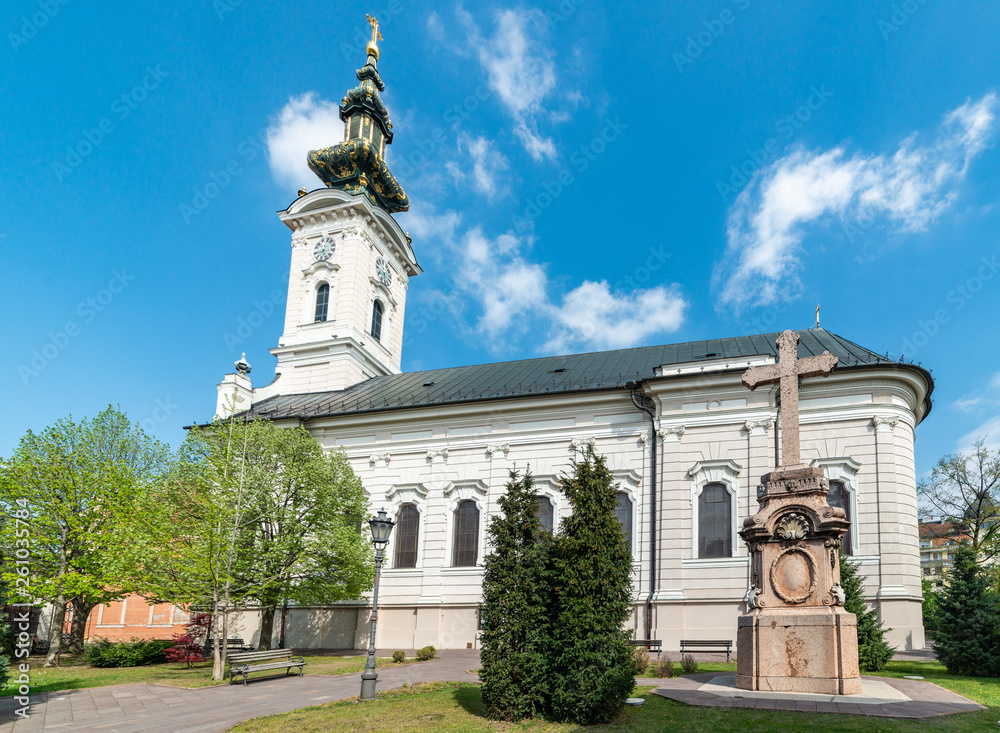 Novi Sad, Serbia - April 06, 2019: Orthodox Cathedral Church of the Holy Great-Martyr George (Serbian: Saborni hram Svetog velikomučenika Georgija). Church was completed in 1905, on the ruins of 1734.