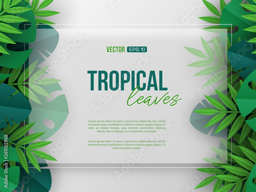 Banner with exotic jungle tropical palm leaves and 3d frame. Summer floral design, paper cut style. Copy space. Vector illustration.