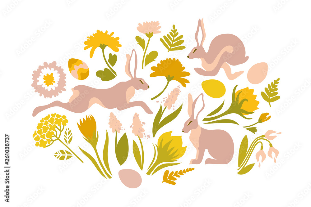Easter set of objects for design. Print for Easter. Jumping rabbits and spring flowers, ferns. Vector illustration. Easter set of objects for design. Print for Easter. Jumping rabbits and spring flowers, ferns. Vector illustration.
